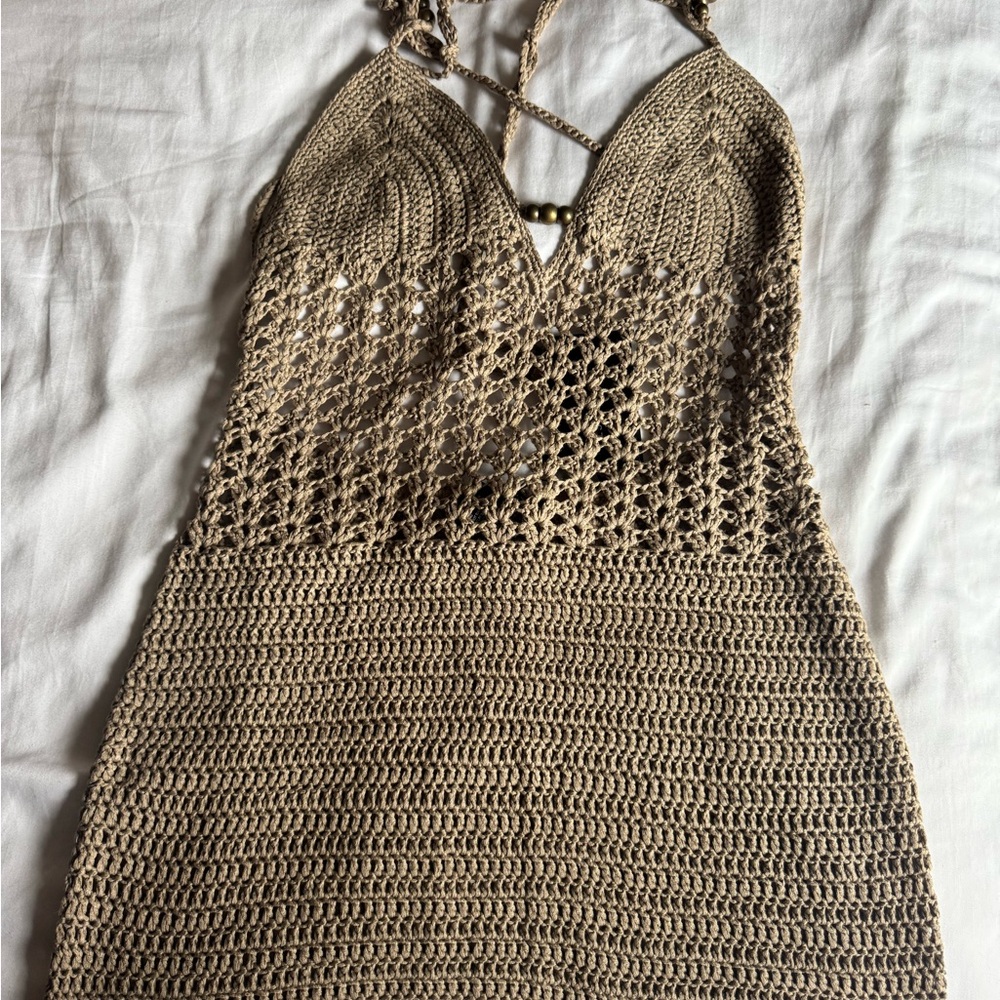 Elegant Crochet Mini Dress in Tan